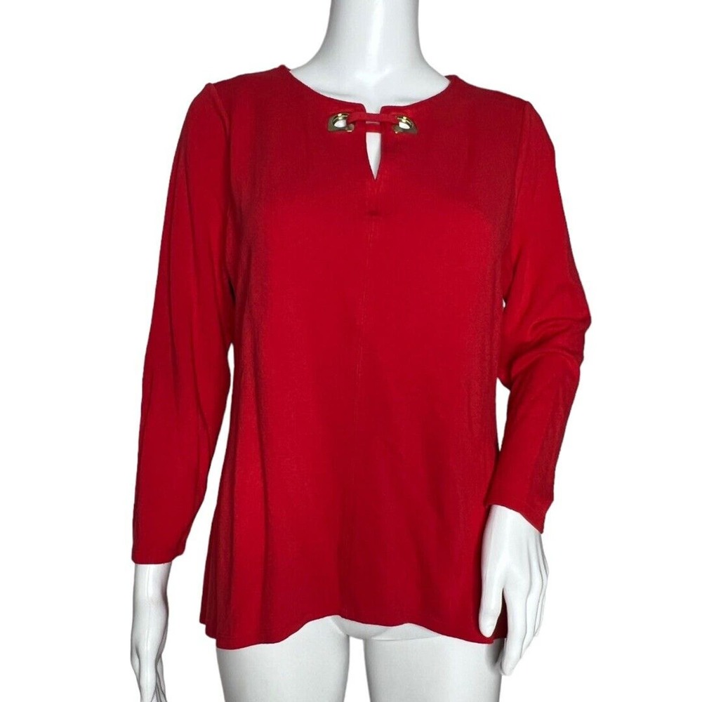 Chicos Shirt Woman Large‎ Petite Red Gold Tone Grommets Jersey Knit Party Office